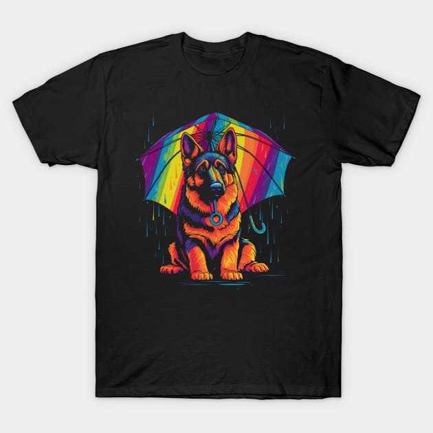 German Shepherd Rainy Day With Umbrella T-Shirt by JH Mart